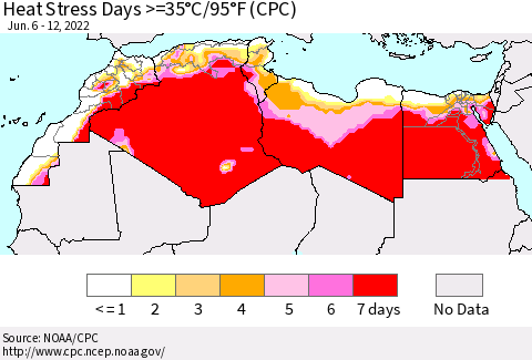 North Africa Heat Stress Days >=35°C/95°F (CPC) Thematic Map For 6/6/2022 - 6/12/2022