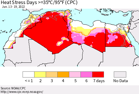 North Africa Heat Stress Days >=35°C/95°F (CPC) Thematic Map For 6/13/2022 - 6/19/2022