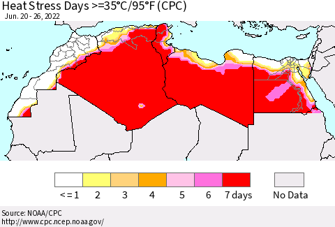 North Africa Heat Stress Days >=35°C/95°F (CPC) Thematic Map For 6/20/2022 - 6/26/2022