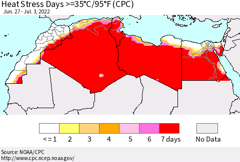 North Africa Heat Stress Days >=35°C/95°F (CPC) Thematic Map For 6/27/2022 - 7/3/2022