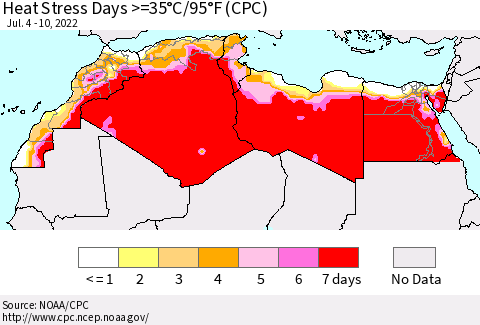North Africa Heat Stress Days >=35°C/95°F (CPC) Thematic Map For 7/4/2022 - 7/10/2022
