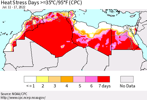 North Africa Heat Stress Days >=35°C/95°F (CPC) Thematic Map For 7/11/2022 - 7/17/2022