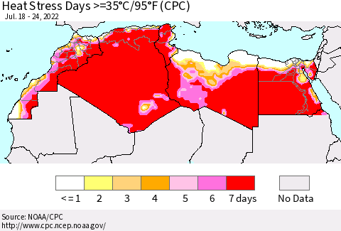 North Africa Heat Stress Days >=35°C/95°F (CPC) Thematic Map For 7/18/2022 - 7/24/2022