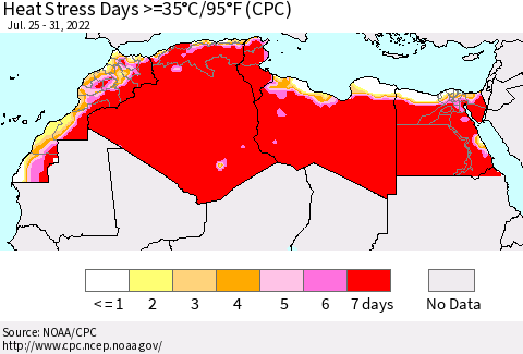 North Africa Heat Stress Days >=35°C/95°F (CPC) Thematic Map For 7/25/2022 - 7/31/2022
