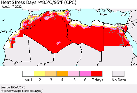 North Africa Heat Stress Days >=35°C/95°F (CPC) Thematic Map For 8/1/2022 - 8/7/2022