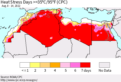 North Africa Heat Stress Days >=35°C/95°F (CPC) Thematic Map For 8/8/2022 - 8/14/2022