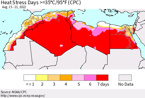 North Africa Heat Stress Days >=35°C/95°F (CPC) Thematic Map For 8/15/2022 - 8/21/2022