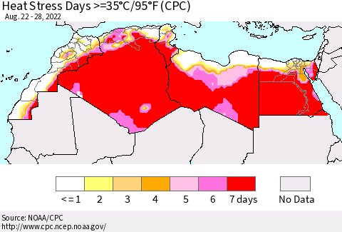 North Africa Heat Stress Days >=35°C/95°F (CPC) Thematic Map For 8/22/2022 - 8/28/2022