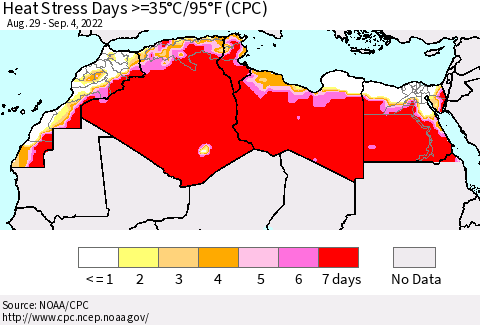 North Africa Heat Stress Days >=35°C/95°F (CPC) Thematic Map For 8/29/2022 - 9/4/2022