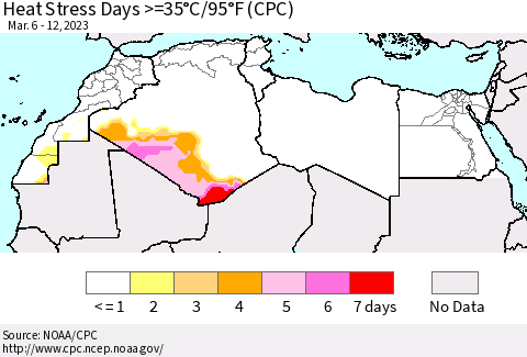 North Africa Heat Stress Days >=35°C/95°F (CPC) Thematic Map For 3/6/2023 - 3/12/2023