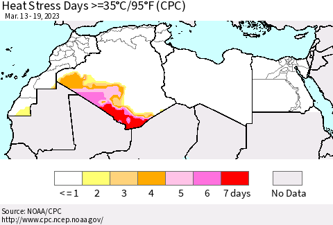 North Africa Heat Stress Days >=35°C/95°F (CPC) Thematic Map For 3/13/2023 - 3/19/2023