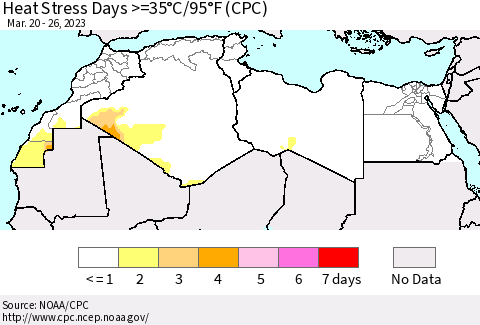 North Africa Heat Stress Days >=35°C/95°F (CPC) Thematic Map For 3/20/2023 - 3/26/2023