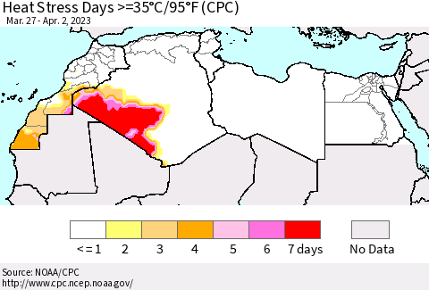 North Africa Heat Stress Days >=35°C/95°F (CPC) Thematic Map For 3/27/2023 - 4/2/2023