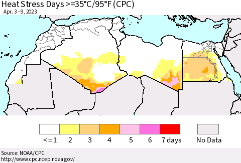 North Africa Heat Stress Days >=35°C/95°F (CPC) Thematic Map For 4/3/2023 - 4/9/2023