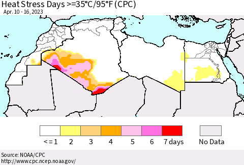 North Africa Heat Stress Days >=35°C/95°F (CPC) Thematic Map For 4/10/2023 - 4/16/2023