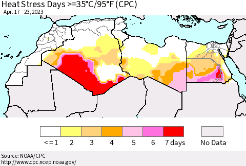 North Africa Heat Stress Days >=35°C/95°F (CPC) Thematic Map For 4/17/2023 - 4/23/2023
