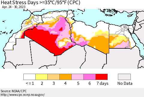 North Africa Heat Stress Days >=35°C/95°F (CPC) Thematic Map For 4/24/2023 - 4/30/2023