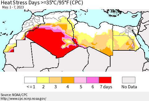 North Africa Heat Stress Days >=35°C/95°F (CPC) Thematic Map For 5/1/2023 - 5/7/2023