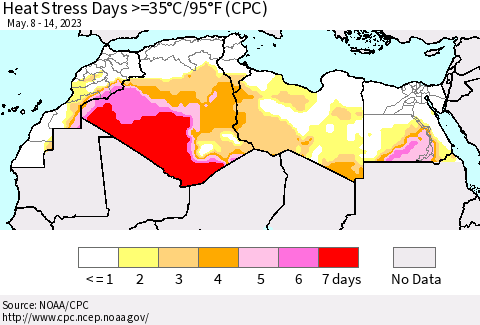 North Africa Heat Stress Days >=35°C/95°F (CPC) Thematic Map For 5/8/2023 - 5/14/2023
