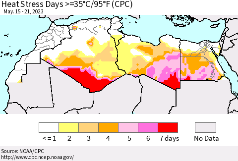 North Africa Heat Stress Days >=35°C/95°F (CPC) Thematic Map For 5/15/2023 - 5/21/2023