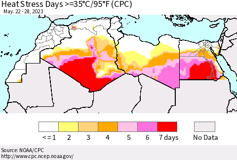 North Africa Heat Stress Days >=35°C/95°F (CPC) Thematic Map For 5/22/2023 - 5/28/2023