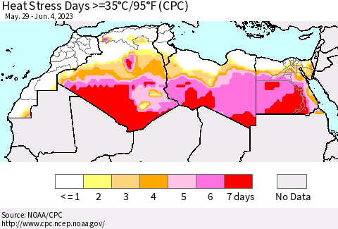 North Africa Heat Stress Days >=35°C/95°F (CPC) Thematic Map For 5/29/2023 - 6/4/2023