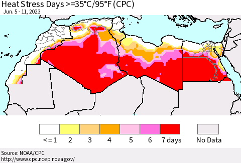 North Africa Heat Stress Days >=35°C/95°F (CPC) Thematic Map For 6/5/2023 - 6/11/2023