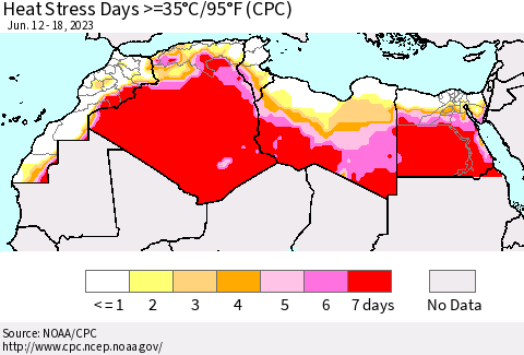 North Africa Heat Stress Days >=35°C/95°F (CPC) Thematic Map For 6/12/2023 - 6/18/2023