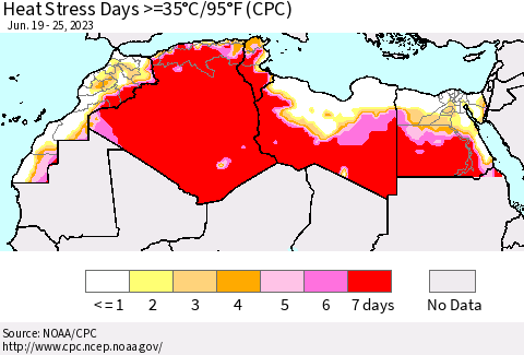 North Africa Heat Stress Days >=35°C/95°F (CPC) Thematic Map For 6/19/2023 - 6/25/2023