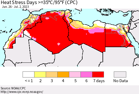 North Africa Heat Stress Days >=35°C/95°F (CPC) Thematic Map For 6/26/2023 - 7/2/2023