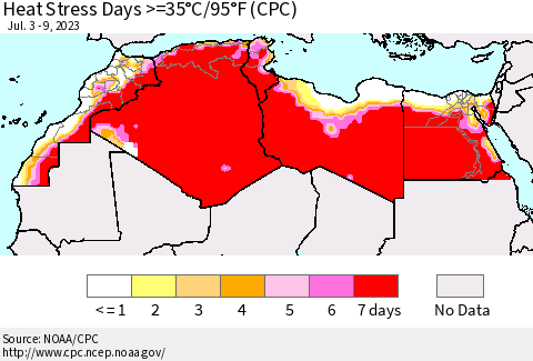 North Africa Heat Stress Days >=35°C/95°F (CPC) Thematic Map For 7/3/2023 - 7/9/2023