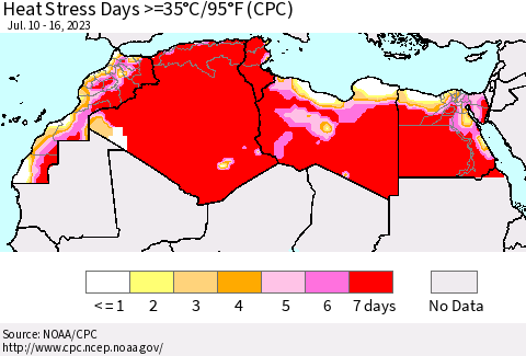North Africa Heat Stress Days >=35°C/95°F (CPC) Thematic Map For 7/10/2023 - 7/16/2023