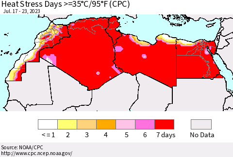 North Africa Heat Stress Days >=35°C/95°F (CPC) Thematic Map For 7/17/2023 - 7/23/2023