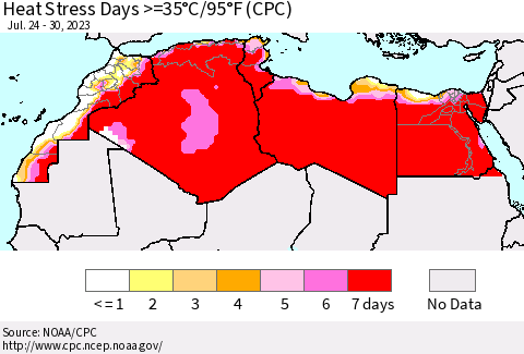 North Africa Heat Stress Days >=35°C/95°F (CPC) Thematic Map For 7/24/2023 - 7/30/2023