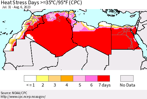 North Africa Heat Stress Days >=35°C/95°F (CPC) Thematic Map For 7/31/2023 - 8/6/2023
