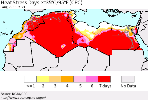 North Africa Heat Stress Days >=35°C/95°F (CPC) Thematic Map For 8/7/2023 - 8/13/2023