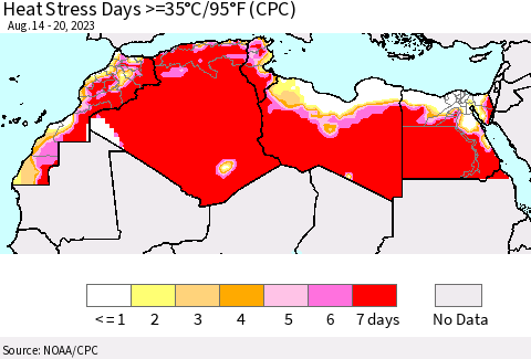 North Africa Heat Stress Days >=35°C/95°F (CPC) Thematic Map For 8/14/2023 - 8/20/2023