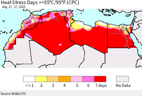 North Africa Heat Stress Days >=35°C/95°F (CPC) Thematic Map For 8/21/2023 - 8/27/2023