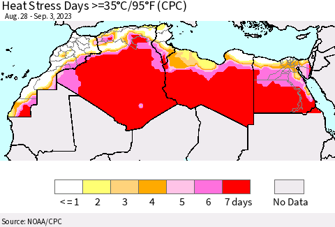 North Africa Heat Stress Days >=35°C/95°F (CPC) Thematic Map For 8/28/2023 - 9/3/2023