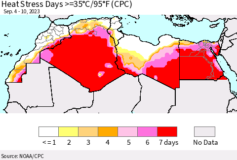 North Africa Heat Stress Days >=35°C/95°F (CPC) Thematic Map For 9/4/2023 - 9/10/2023