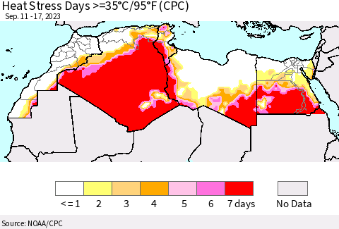 North Africa Heat Stress Days >=35°C/95°F (CPC) Thematic Map For 9/11/2023 - 9/17/2023