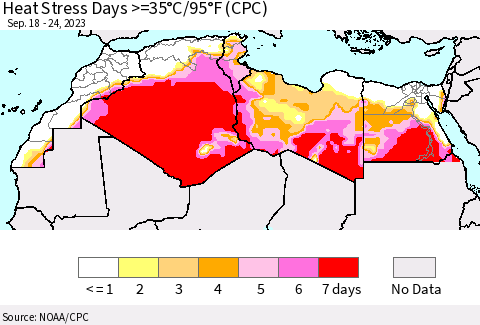 North Africa Heat Stress Days >=35°C/95°F (CPC) Thematic Map For 9/18/2023 - 9/24/2023