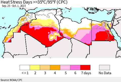 North Africa Heat Stress Days >=35°C/95°F (CPC) Thematic Map For 9/25/2023 - 10/1/2023