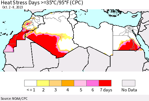 North Africa Heat Stress Days >=35°C/95°F (CPC) Thematic Map For 10/2/2023 - 10/8/2023