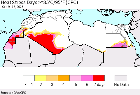 North Africa Heat Stress Days >=35°C/95°F (CPC) Thematic Map For 10/9/2023 - 10/15/2023