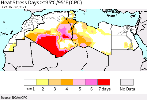 North Africa Heat Stress Days >=35°C/95°F (CPC) Thematic Map For 10/16/2023 - 10/22/2023