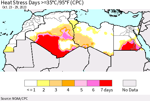 North Africa Heat Stress Days >=35°C/95°F (CPC) Thematic Map For 10/23/2023 - 10/29/2023