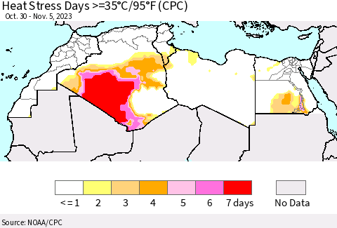 North Africa Heat Stress Days >=35°C/95°F (CPC) Thematic Map For 10/30/2023 - 11/5/2023