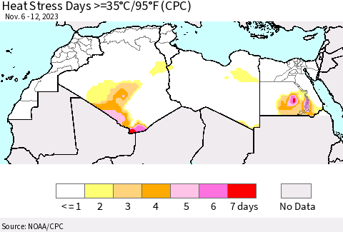 North Africa Heat Stress Days >=35°C/95°F (CPC) Thematic Map For 11/6/2023 - 11/12/2023