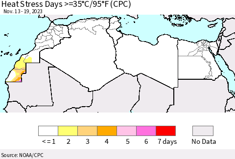 North Africa Heat Stress Days >=35°C/95°F (CPC) Thematic Map For 11/13/2023 - 11/19/2023